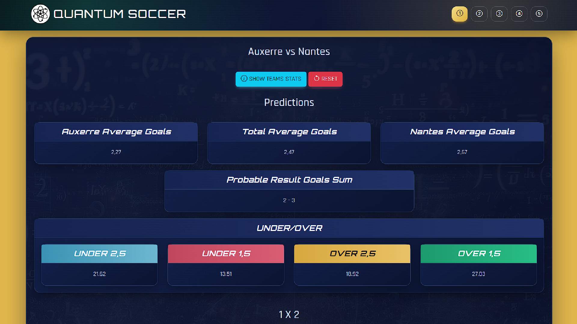 Dashboard screenshot showing Quantum Soccer match prediction interface with probability scores, statistical breakdowns and recommended betting targets for upcoming matches